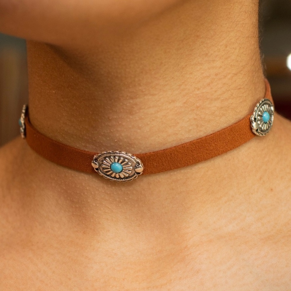 Soft Brown Leather Choker with Silver and Turquoise Accents Adjustable